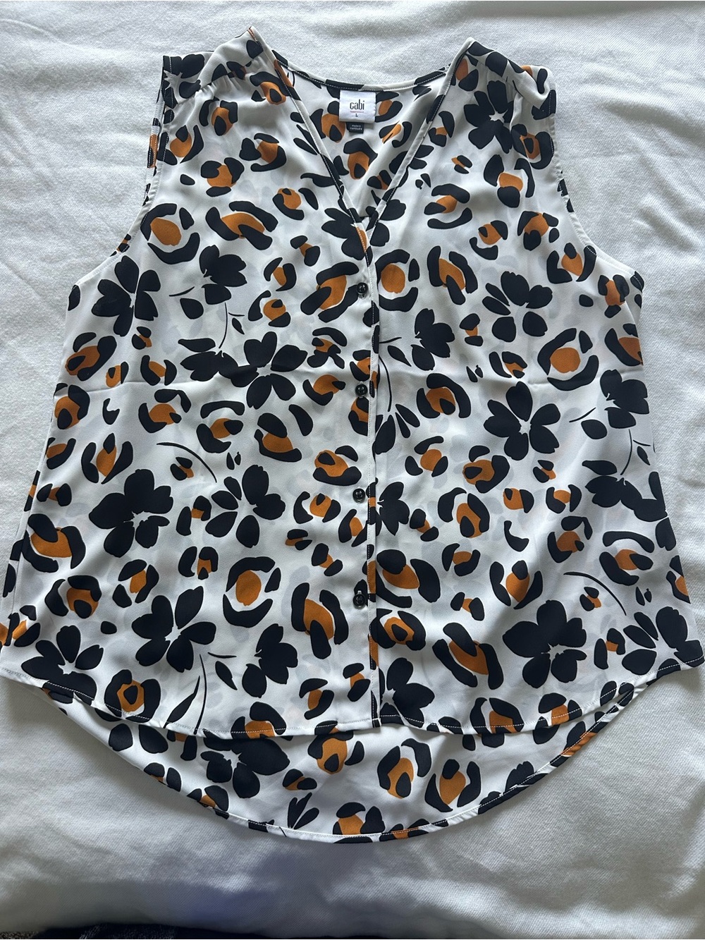 CAbi Cavort Top (6528) White/Black/Brown Spring 2024 Collection. Large